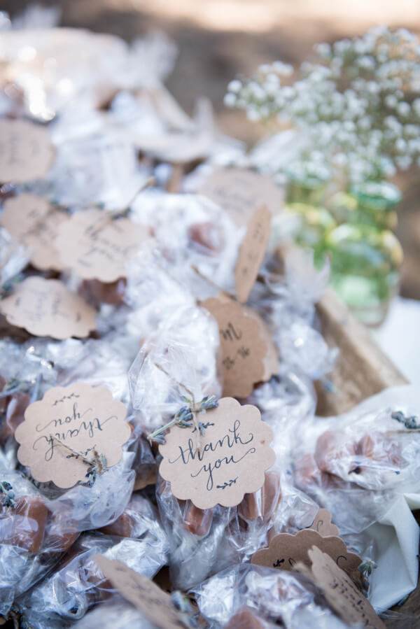 Handwritten thank you cards on party favors for this outdoor woodland wedding. Handwritten thank you cards on party favors for this outdoor woodland wedding.