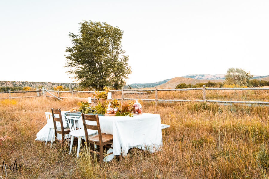 Gorgeous and simple fall table decor, set out in a tall grass field, with Bryce Canyon National Park in the background. A perfect fall day.