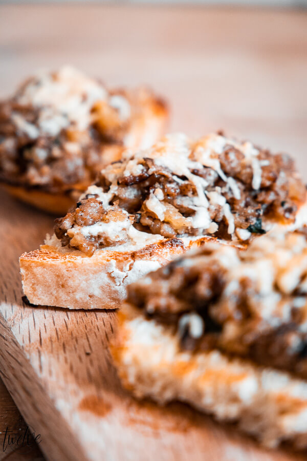 This is an amazing holiday appetizer idea! This sausage and mushroom bruschetta is so flavorful and hearty.