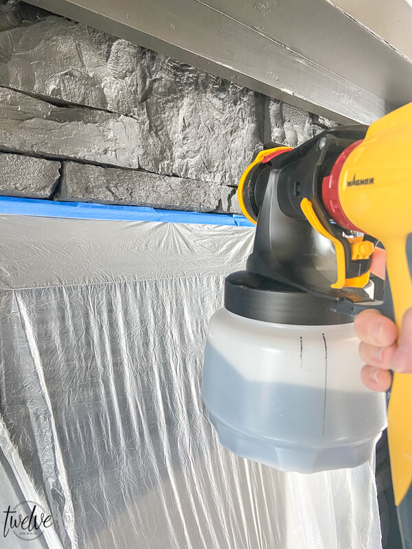 How to paint a stone fireplace with a paint sprayer.