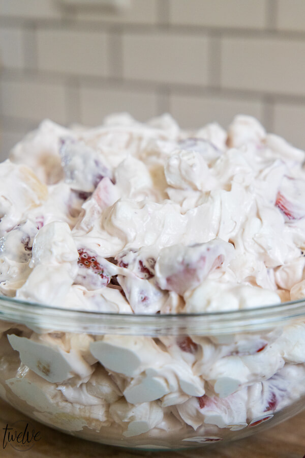 My most popular side dish! This strawberry banana cheesecake salad is so easy to make and tastes amazing!