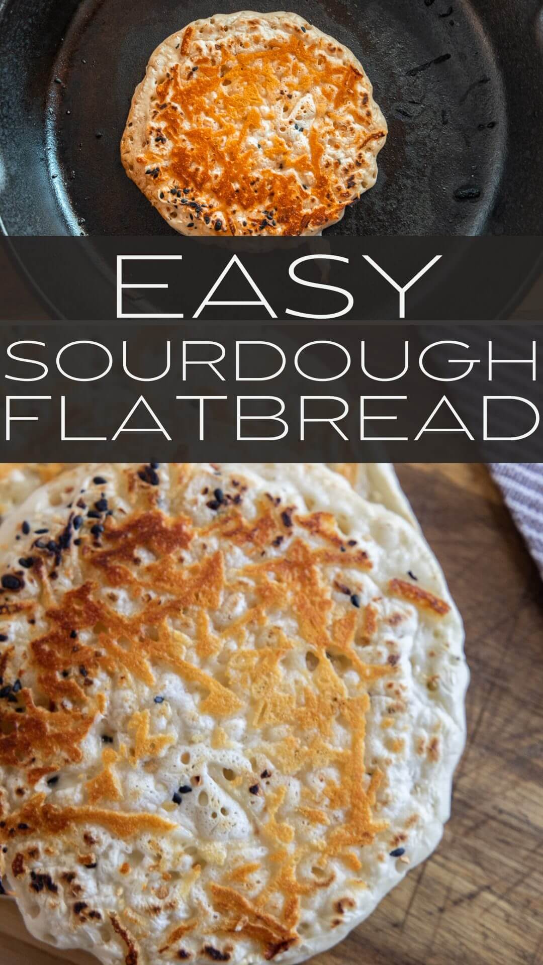 Make this easy 2 ingredient sourdough flatbread recipe. It is quick and easy, can be made in 5 minutes and has all the benefits of sourdough.  Top with your favorite seasonings and enjoy!