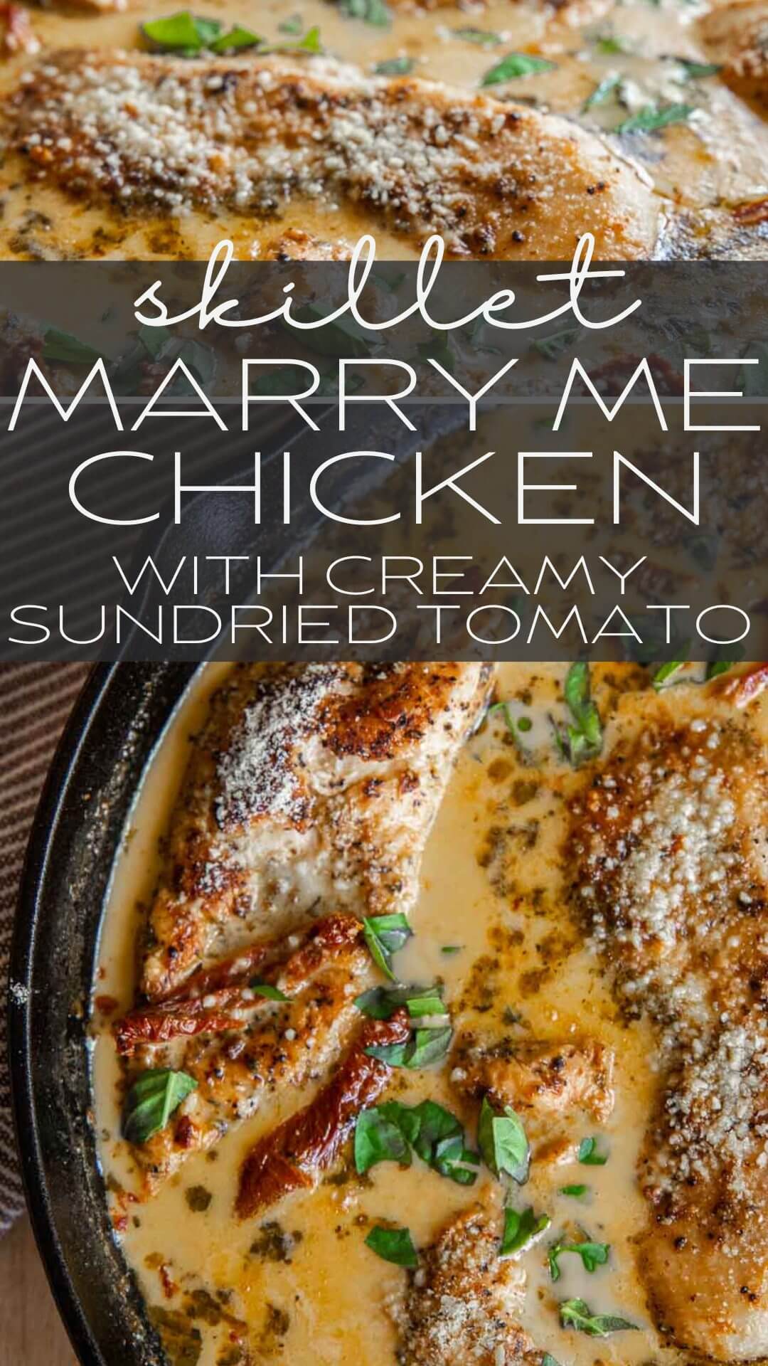 This amazing marry me chicken is on our our most popular dishes with a creamy sun-dried tomato sauce with garlic and parmesan. This chicken is bathed in a garlic and parmesan cream sauce and sun dried tomatoes. It is skillet cooked and finished in the oven with tender fall apart chicken breasts. Serve with pasta, or your favorite veggies side.