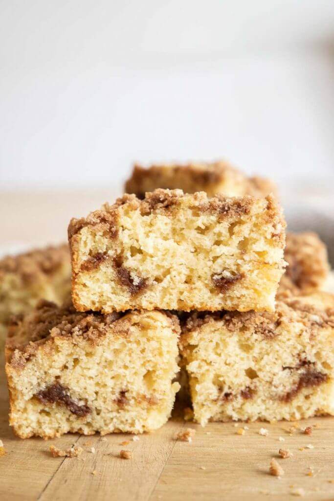 Make this amazing sourdough coffee cake using sourdough discard. The sweet, tender cake with the cinnamon center and streusel topping is it!