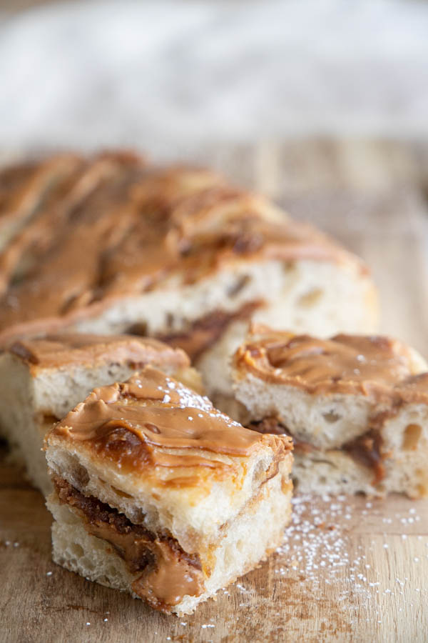 Make this cookie butter sourdough focaccia bread.  The creamy cookie butter spread melting into soft airy bread is a wonderful combination.