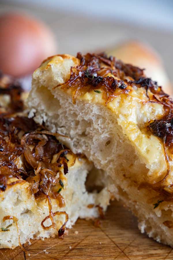 Make this amazing french onion sourdough focaccia bread.  It has an amazing flavor with caramelized onions, gruyere cheese, and fresh herbs.